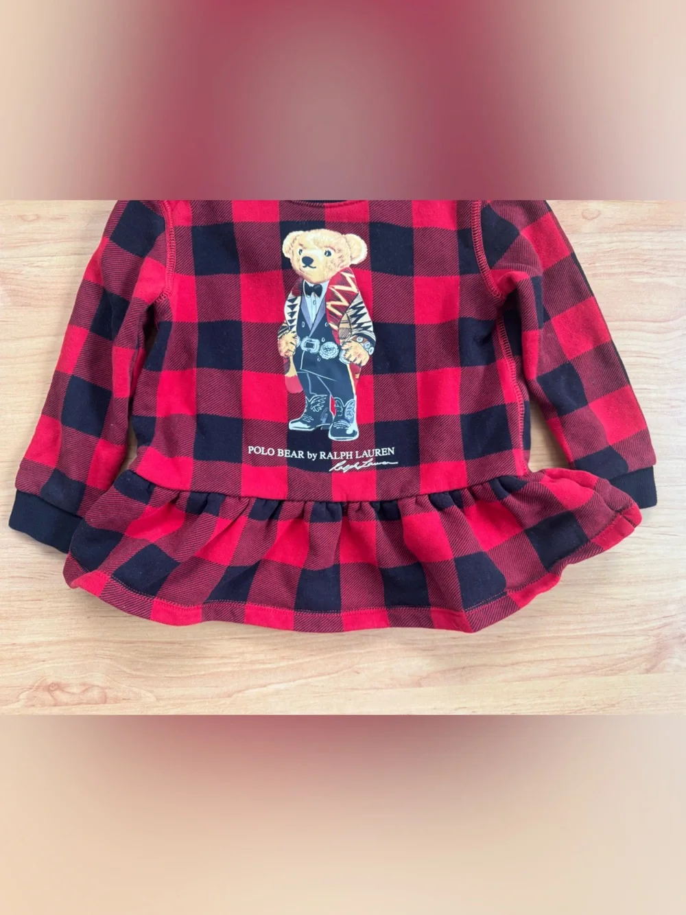 Polo Bear Red & Black Buffalo Plaid Peplum Top with Black Leggings